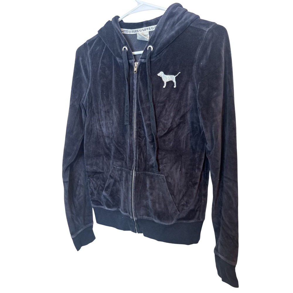PINK Victoria's Secret Hoodie Womens Small Black Velour Full Zip Back Graphic